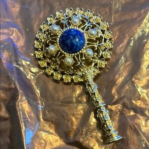 Elegant Gold and Blue Hand Mirror
